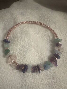 Multicolor Gemstone Chip Stretch Bracelet with Rose Gold Beads
